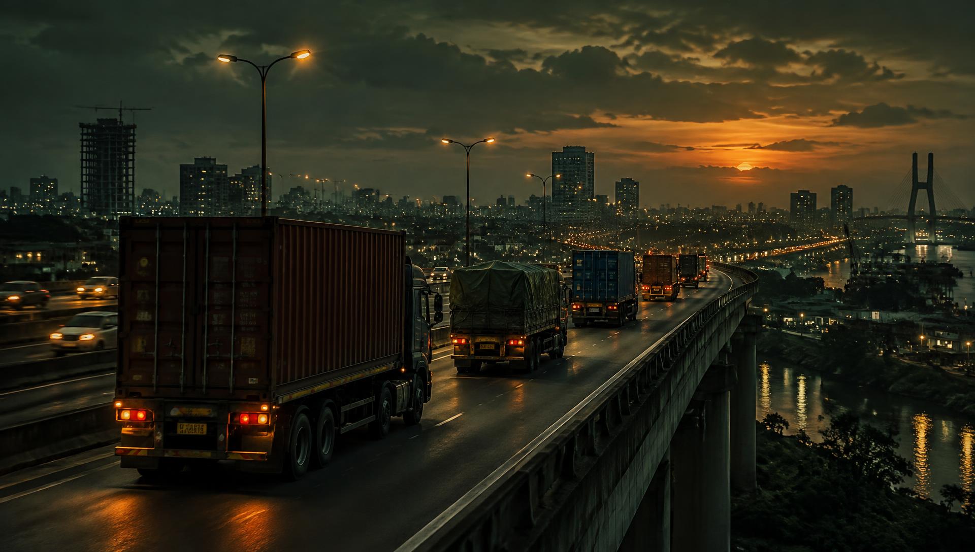 Convoy of cargo trucks on a Nigerian expressway at dusk