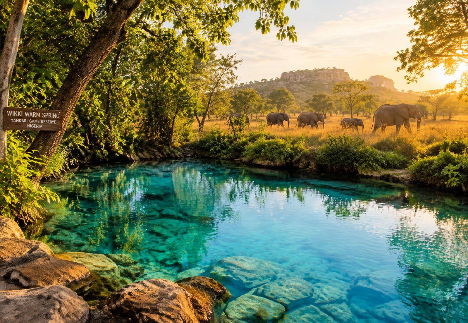 Wikki Warm Spring at Yankari Game Reserve with elephants beyond