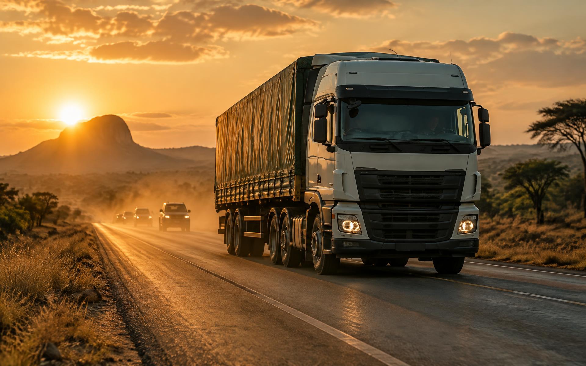 Cargo truck travelling on an open Nigerian highway at golden hour
