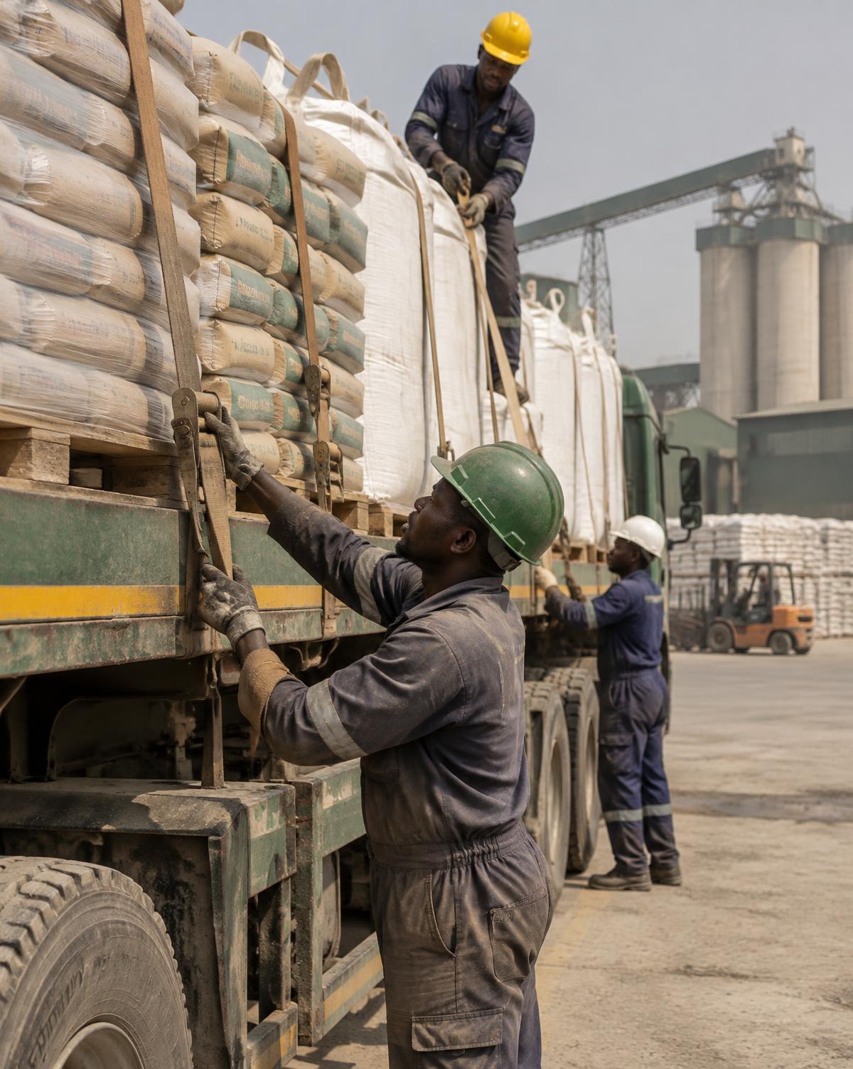 Workers securing bulk sacks on a flatbed haulage truck