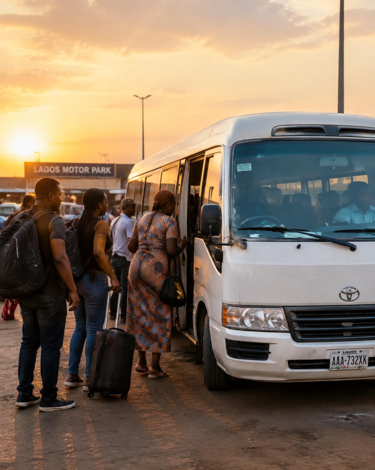 Travellers boarding a passenger bus at a motor park at sunset