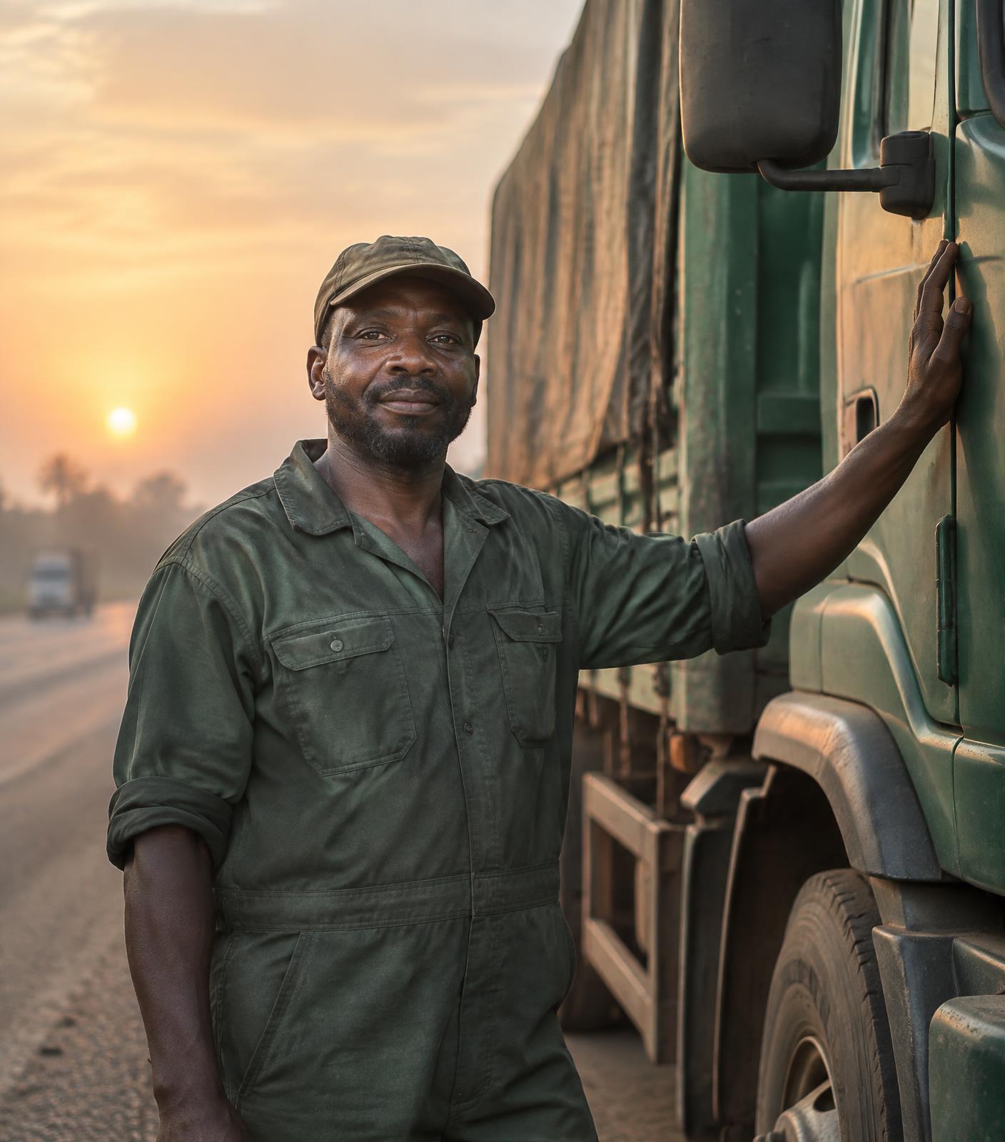 Truck driver standing beside his cargo truck at dawn